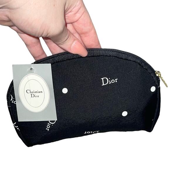 VTG Christian Dior Black Polka Dot Logo Zip Top Makeup a Bag Cosmetic Case Pouch - Picture 12 of 13